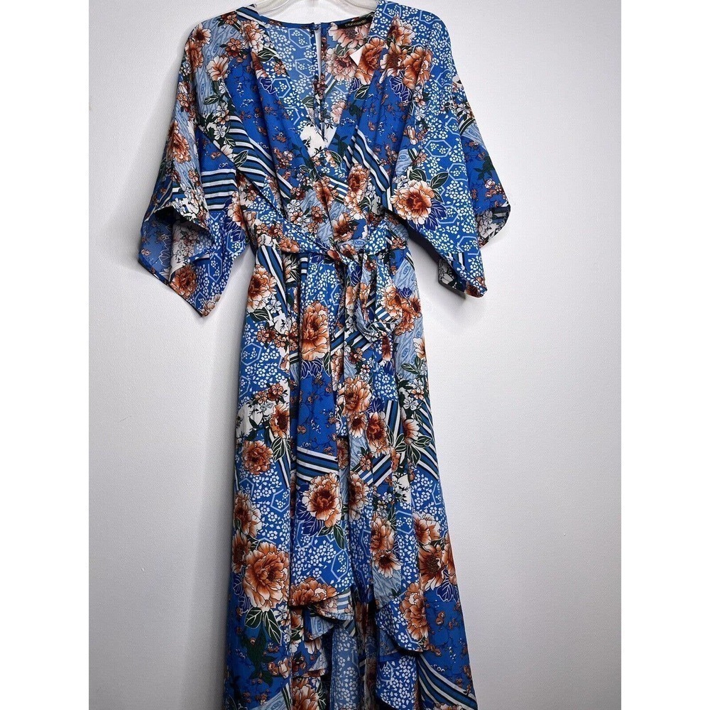 𝅺BLUEHEAVEN Boutique Hi Low Maxi Dress VNeck Sz Small Blue Caribbean